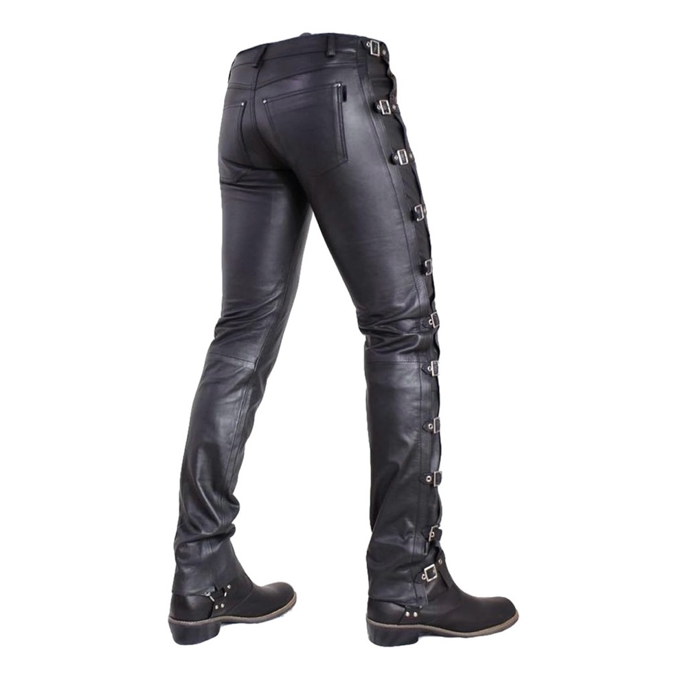 Edgy Black Leather Buckle Pants - Picture 3 of 7